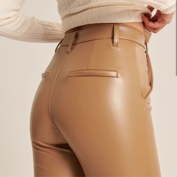 Abercrombie & Fitch Ultra High Rise Vegan Faux Leather Pants Split Hem Brown - Picture 3 of 6